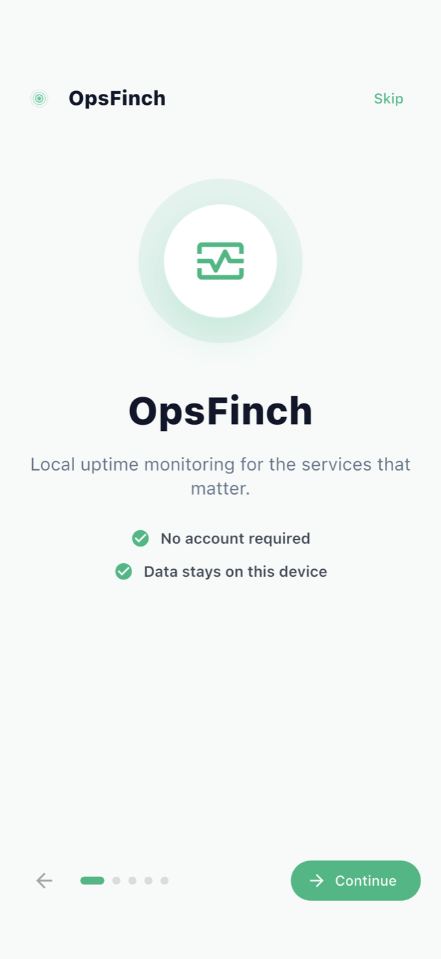 OpsFinch welcome screen with the OpsFinch logo — local uptime monitoring for the services that matter